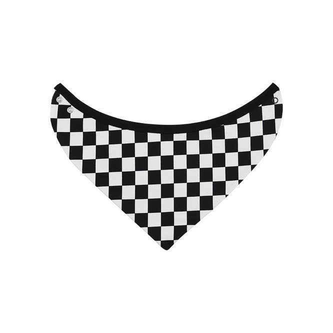 Black and white checkerboard triangle baby bib made of soft cotton with a convenient snap fastening.