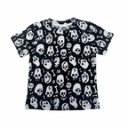 Black and white cotton t-shirt for toddlers featuring an all-over skull and bone print pattern.