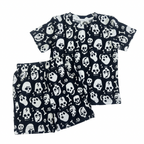 Black and white cotton skull and bone print toddler shorts and t-shirt set with elastic waistband.