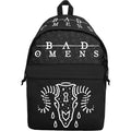 Black backpack with 'BAD OMENS' text and white design 