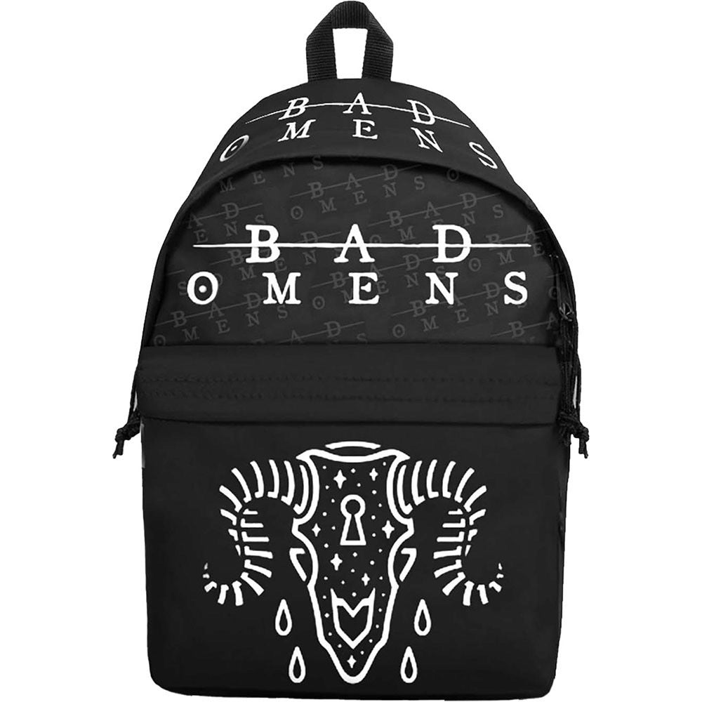 Black backpack with 'BAD OMENS' text and white design 