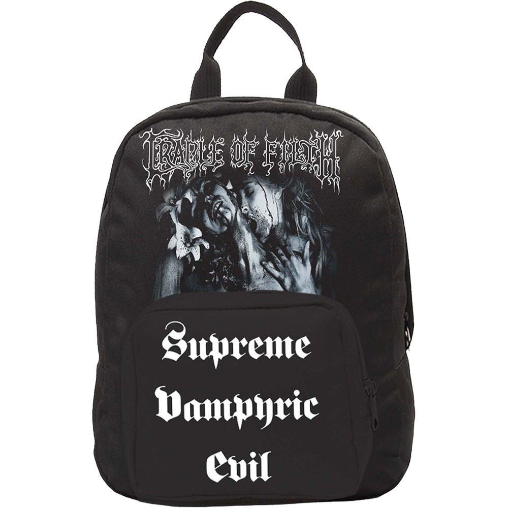 Cradle of Filth black backpack with graphic design and text on a white background