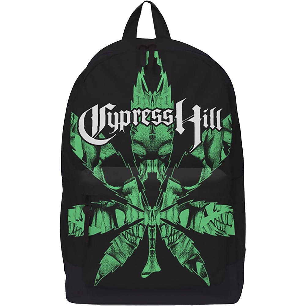 Cypres Hill Black backpack with green leaf and skull designs