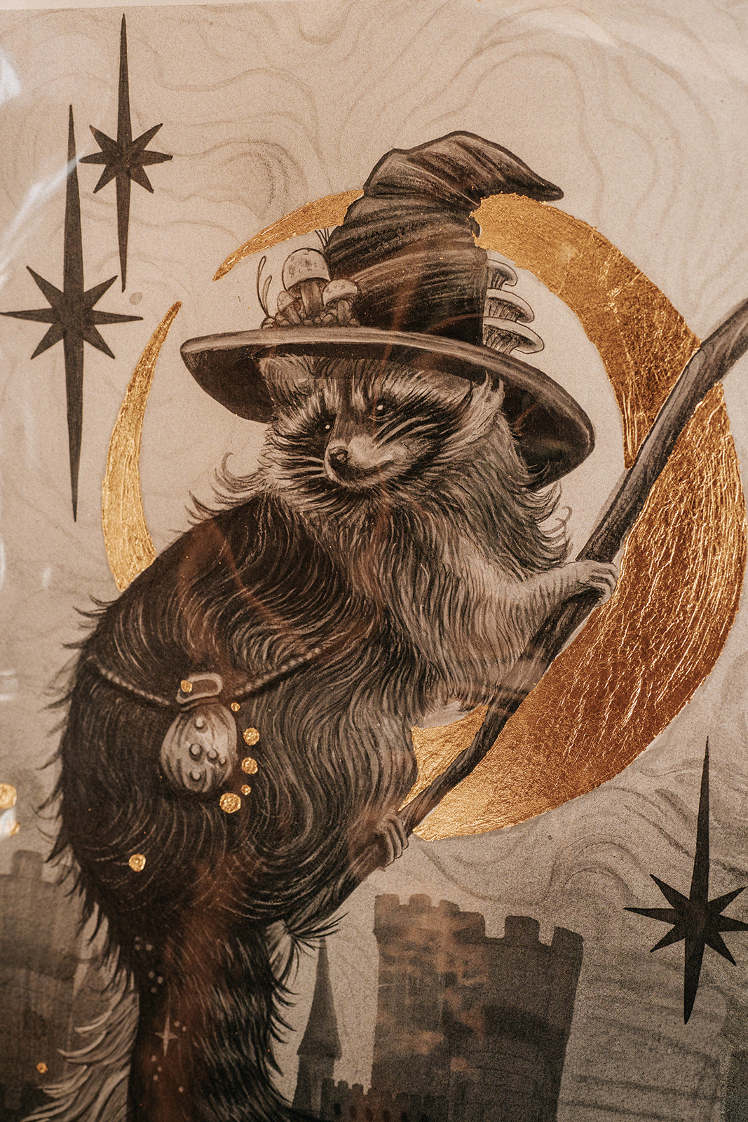 Racoon With Dabloons Gold Gilded Art Print