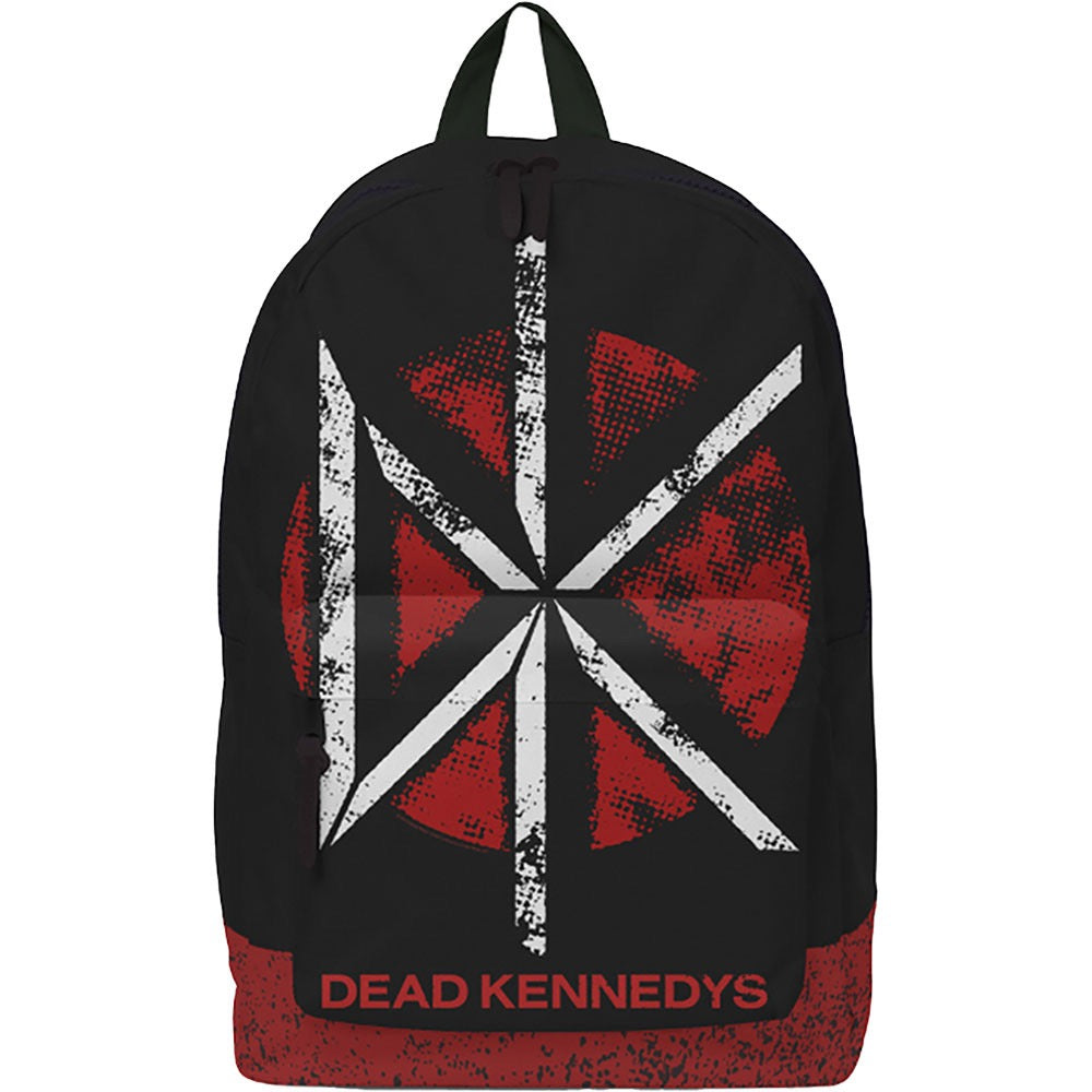 Black backpack with red and white design featuring 'Dead Kennedys' on a white background