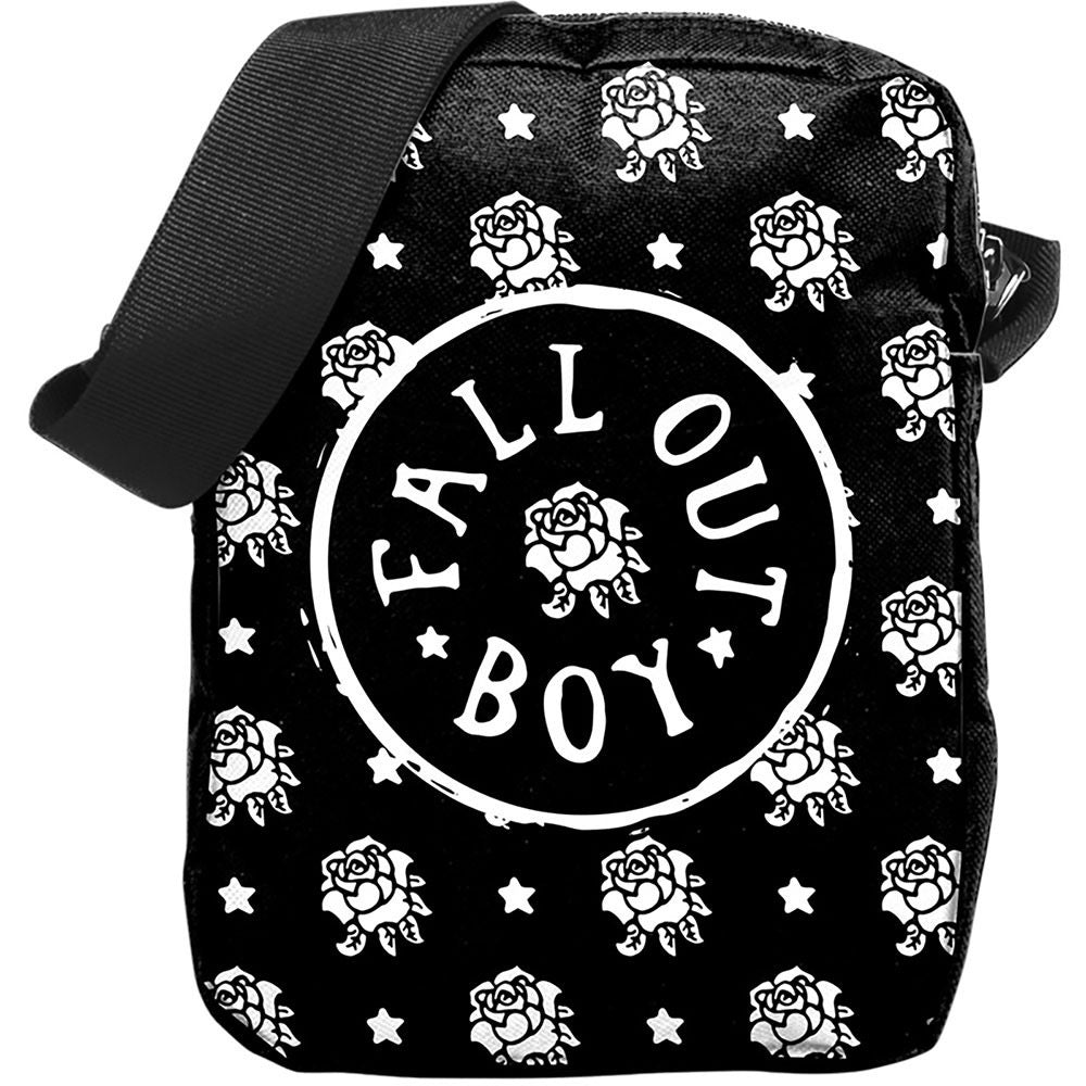 Black crossbody bag with white 'Fall Out Boy' logo and rose patterns