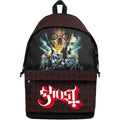A black backpack featuring a Ghost band graphic print with a skull and figures, and a red 'Ghost' logo on the front pocket, shown against a plain white background.