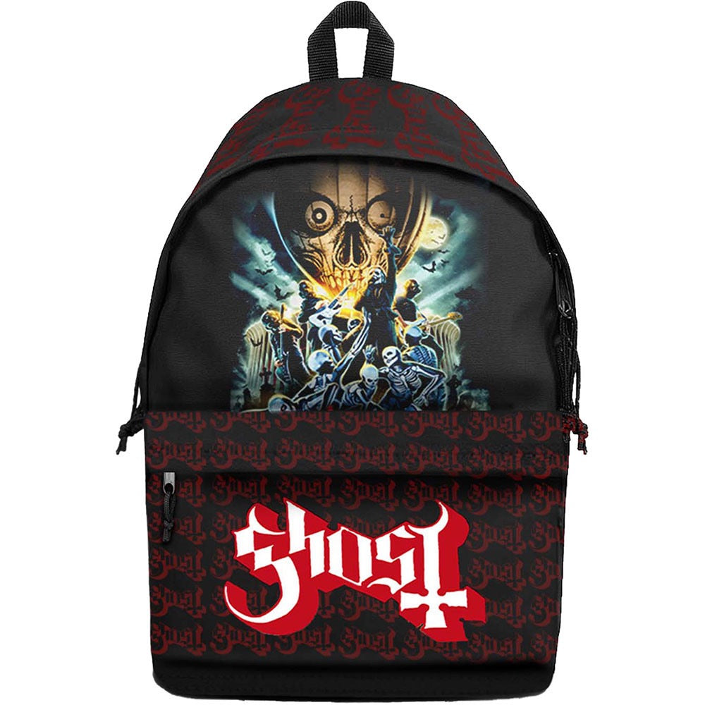 A black backpack featuring a Ghost band graphic print with a skull and figures, and a red 'Ghost' logo on the front pocket, shown against a plain white background.