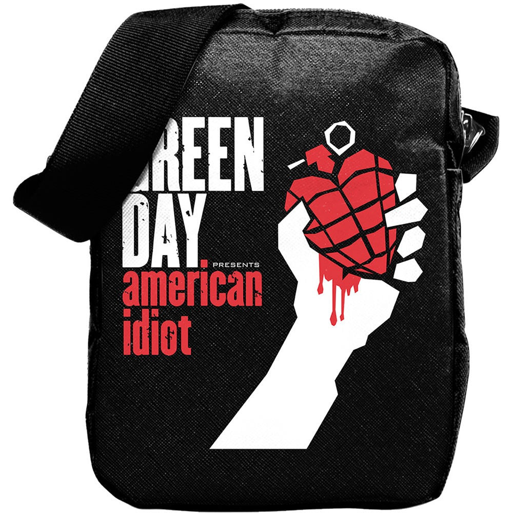 Black bag with 'Green Day American Idiot' design featuring a hand holding a red grenade.