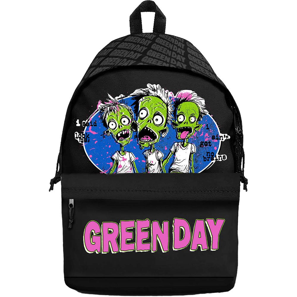 Black backpack with 'Green Day' design featuring three green characters on a white background