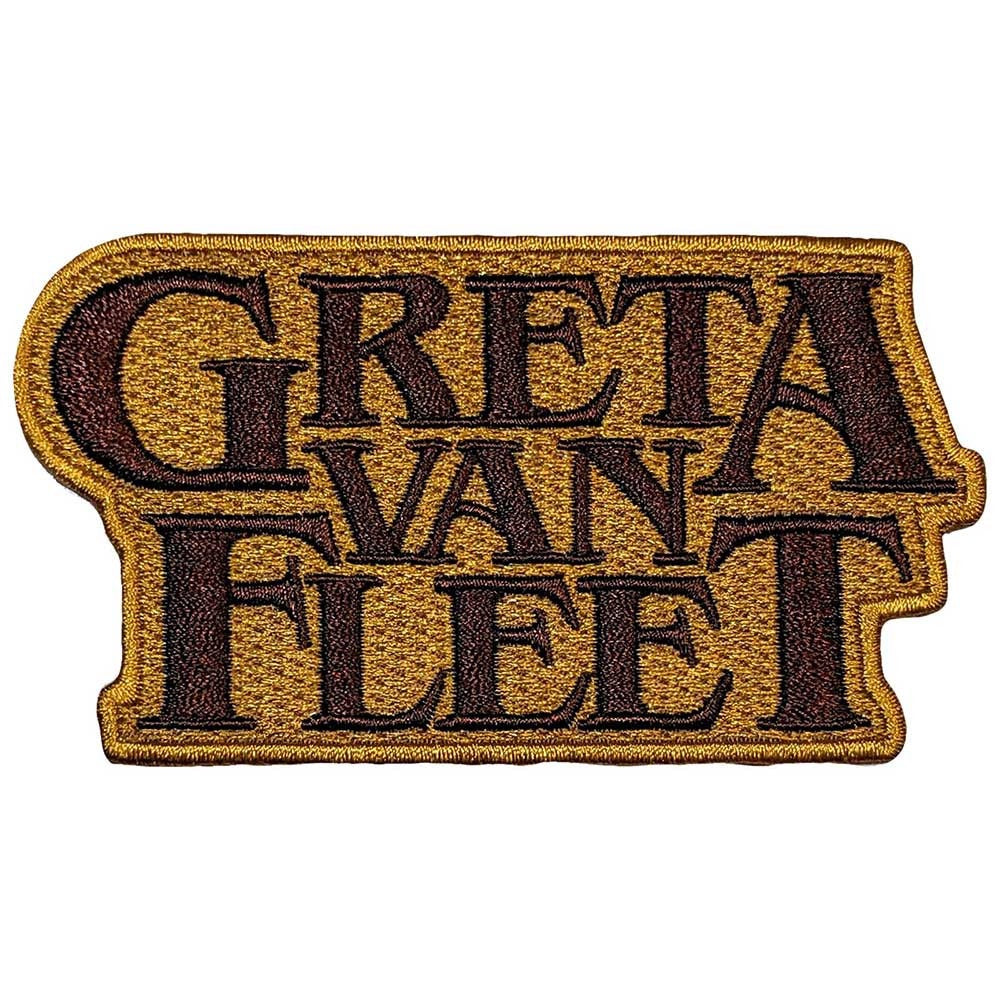 Embroidered patch with 'Greta Van Fleet' text in burgundy on a mustard background