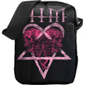 Black crossbody bag featuring a pink graphic of two skulls skeletons, a heartagram, and the band logo HIM