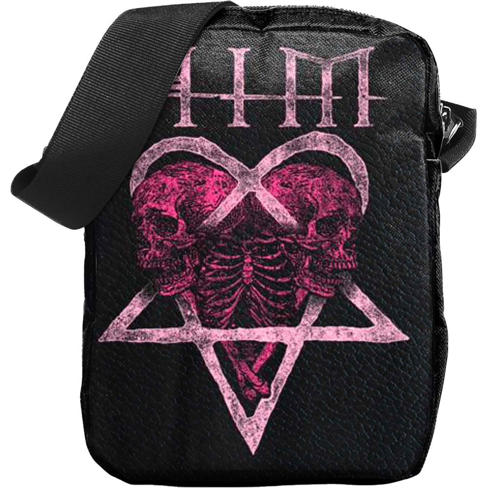 Black crossbody bag featuring a pink graphic of two skulls skeletons, a heartagram, and the band logo HIM