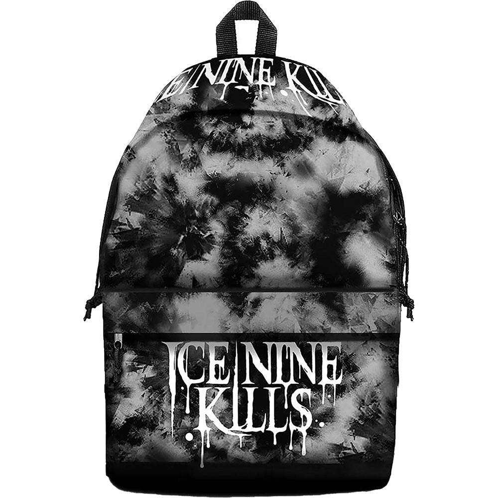 Black and white tie-dye backpack with 'Ice Nine Kills' branding 