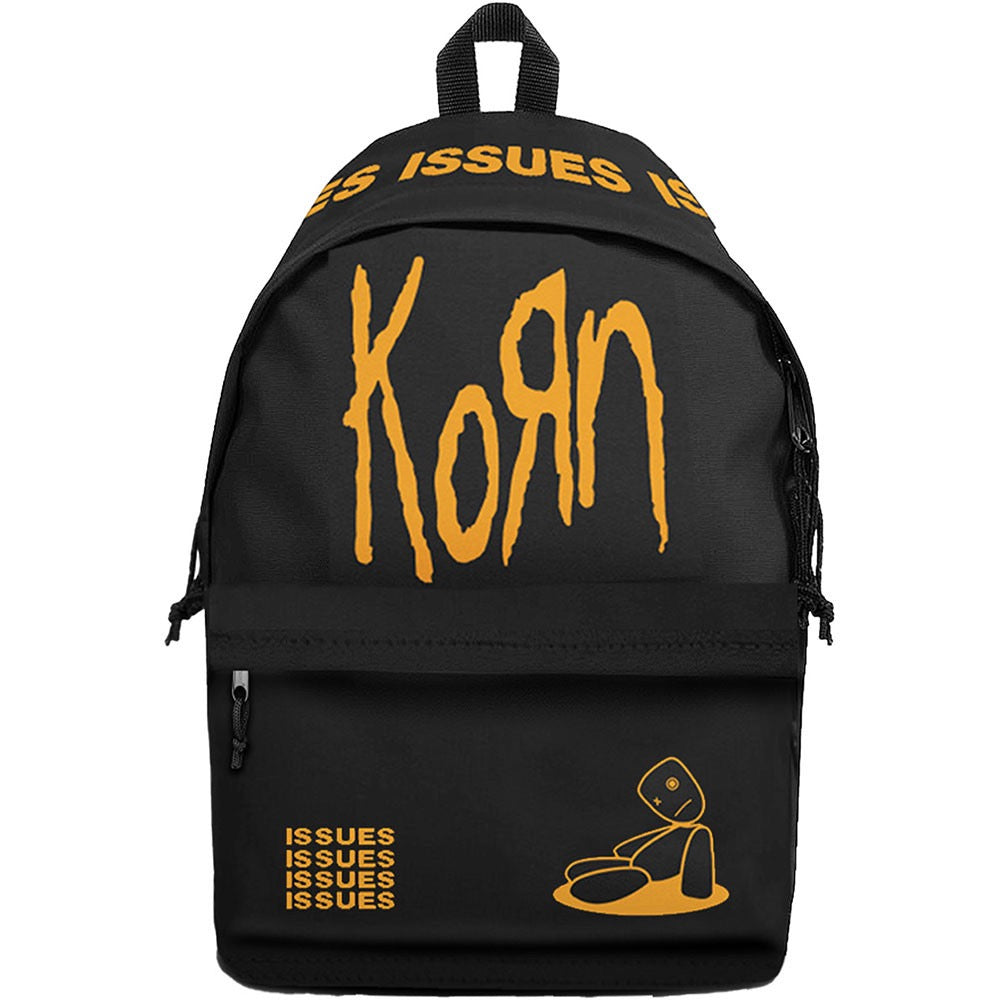 Black backpack with yellow 'Korn' logo and text on a white background