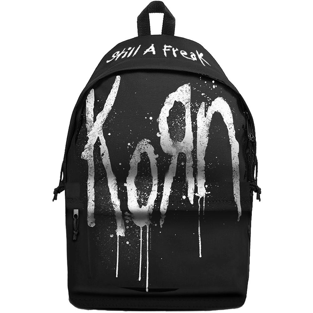 Korn black backpack with white graffiti-style text on a white background
