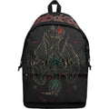 Black backpack with graphic design and Lamb of God logo in red on side