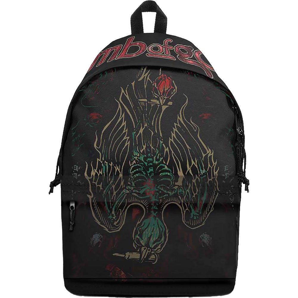 Black backpack with graphic design and Lamb of God logo in red on side