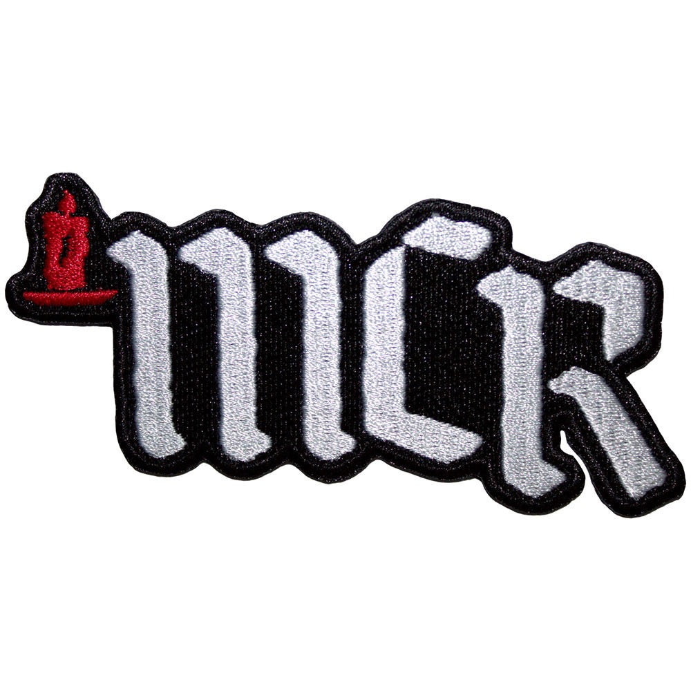 Patch with 'MCR' text and a red candle on a black background