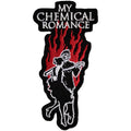 Embroidered patch with 'My Chemical Romance' logo featuring two skeletons dancing infront of and red flames at the military ball