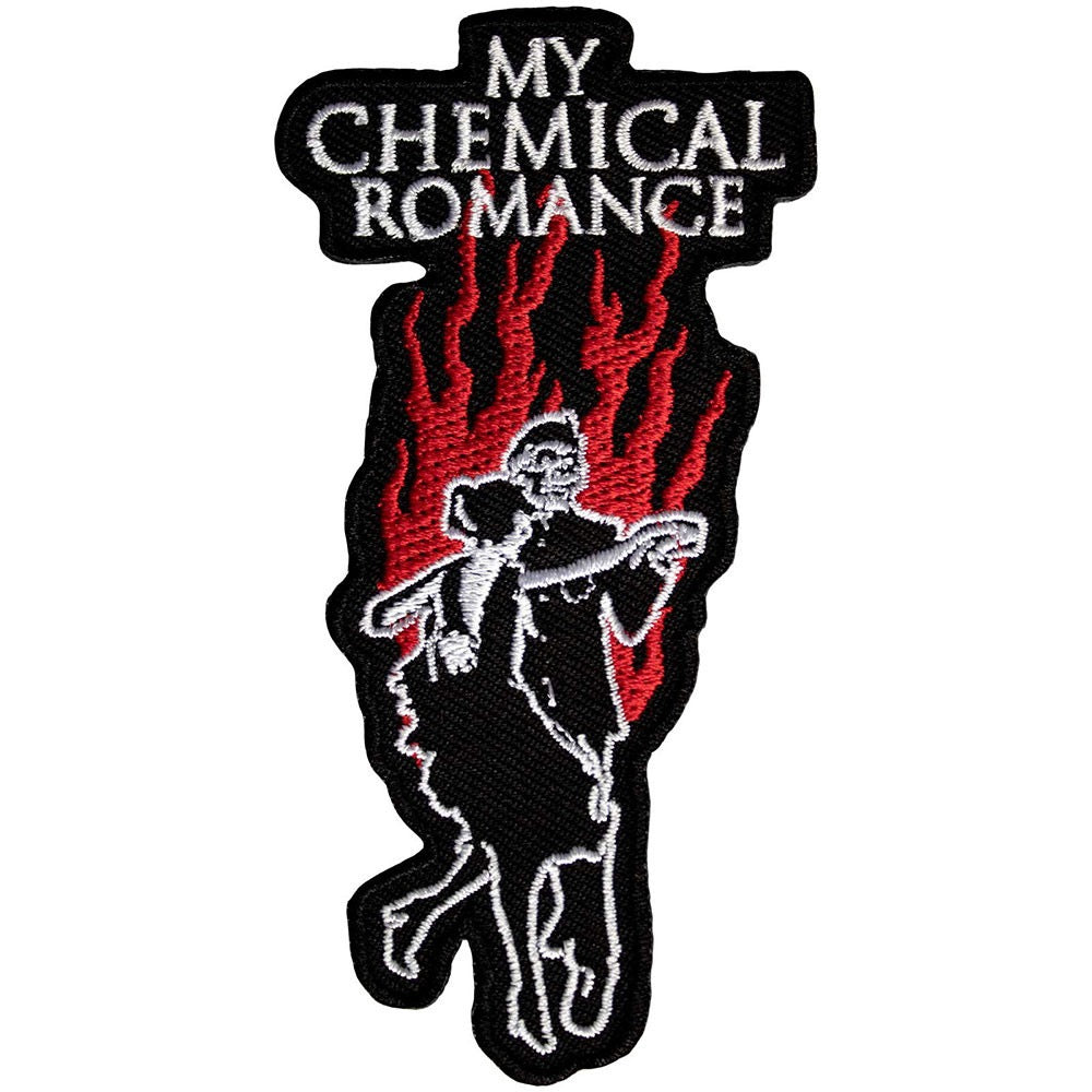 Embroidered patch with 'My Chemical Romance' logo featuring two skeletons dancing infront of and red flames at the military ball