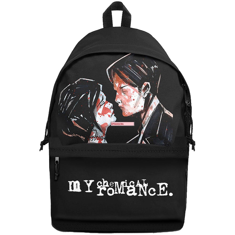 Black backpack with 'My Chemical Romance' Three Cheers for Sweet Revenge album cover design