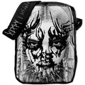 Black and white bag with a stylized face design and spikes