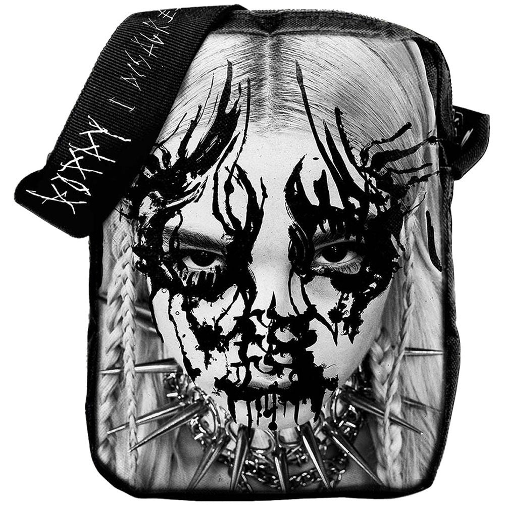 Black and white bag with a stylized face design and spikes