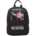 President black backpack with graphic design and text on a white background