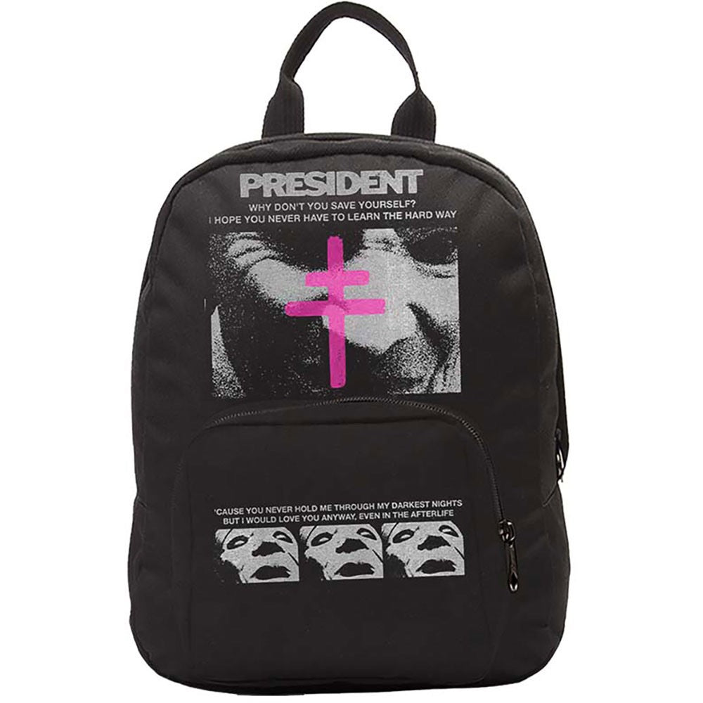 President black backpack with graphic design and text on a white background