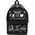 President black backpack with white graphics and text on a white background