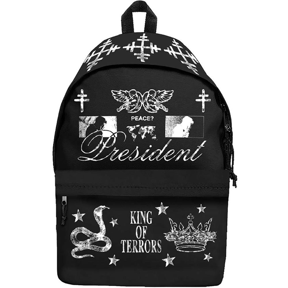 President black backpack with white graphics and text on a white background