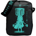Black bag with teal design and text