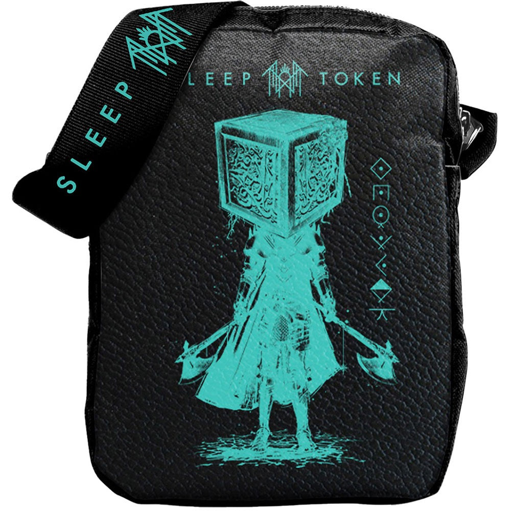 Black bag with teal design and text