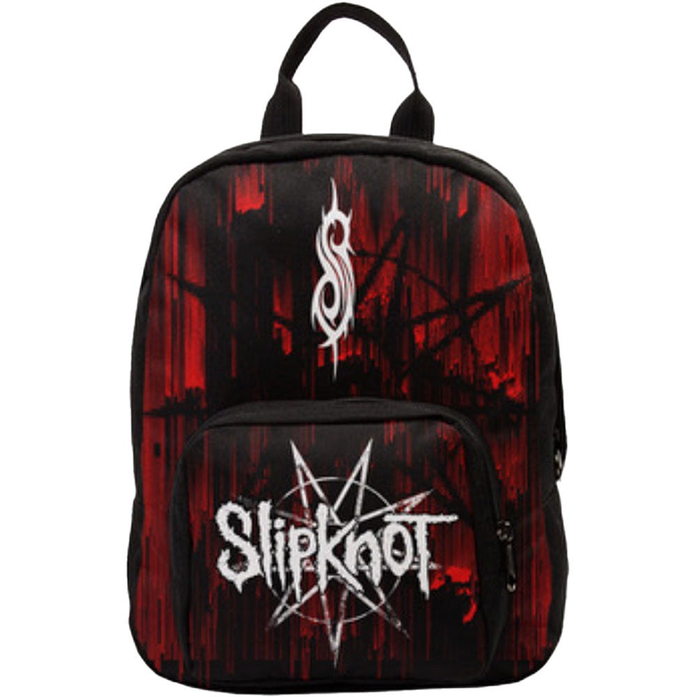 Backpack with Slipknot logo on a red and black patterned background