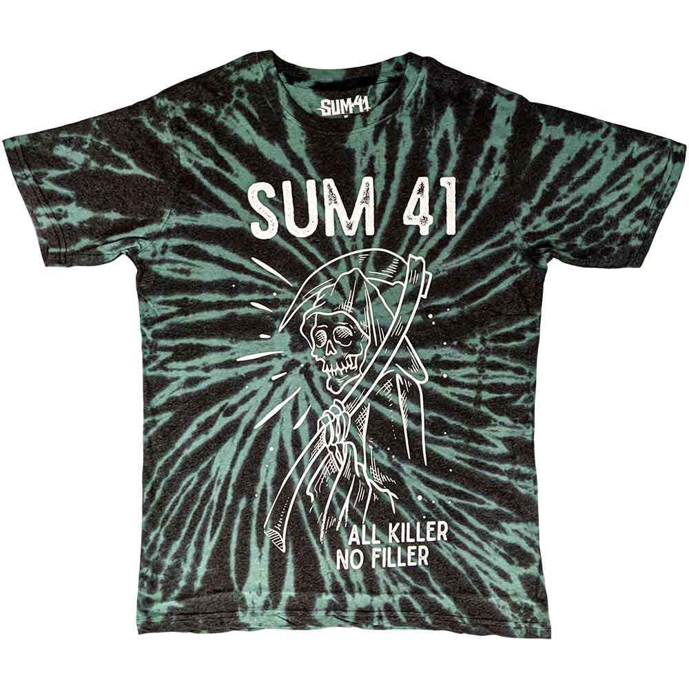 Tie-dye t-shirt with Sum 41 logo and tattoo style grim reaper graphic design 