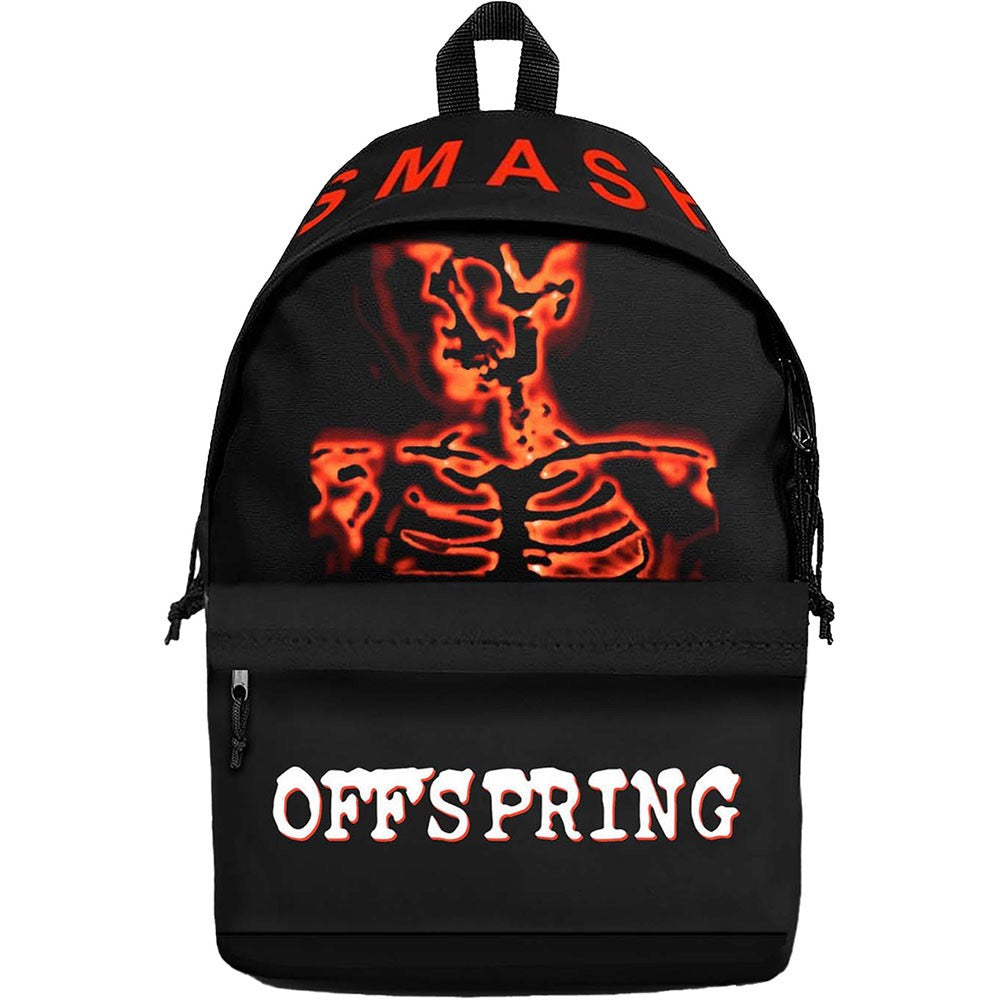 Black backpack with red skeleton design and Offspring text in white on pocket
