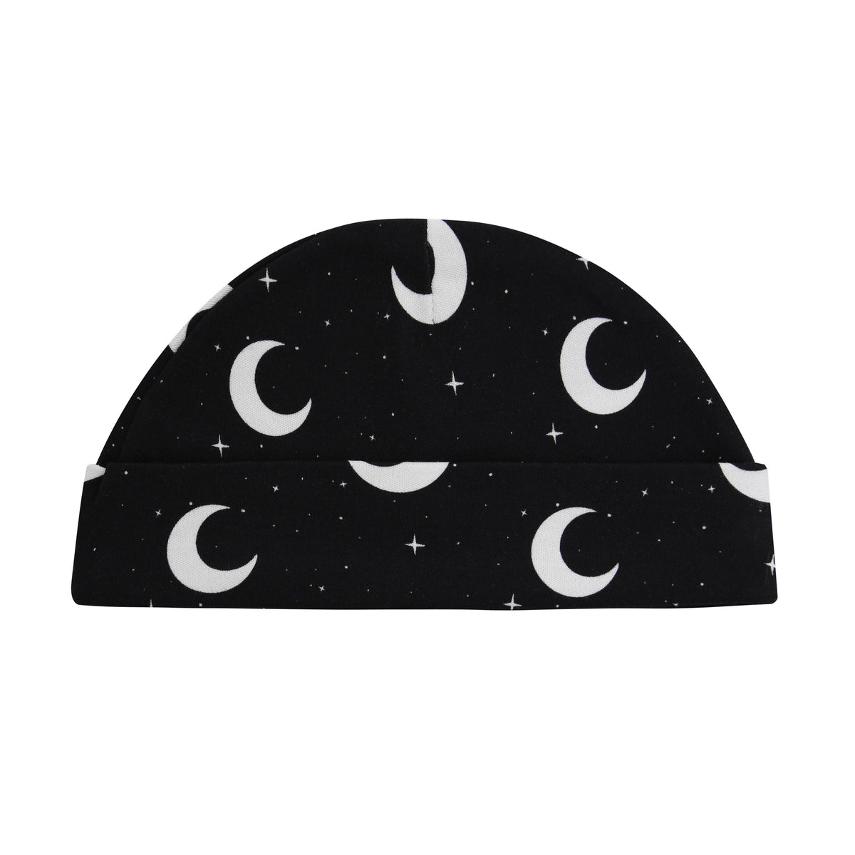 Soft black cotton baby hat featuring a white moon and star print with a folded brim design.