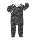 Black cotton baby sleepsuit featuring a white cobweb and star print with contrasting white trim and leg poppers.