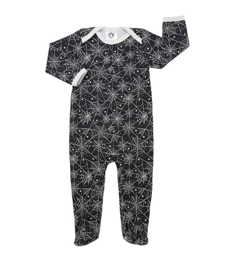 Black cotton baby sleepsuit with a white cobweb print, long sleeves, and footed design for comfort.