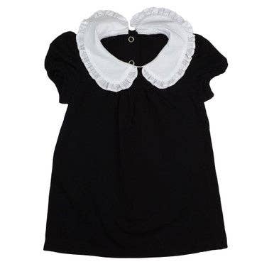 Black baby dress with short sleeves and a white ruffled Peter Pan collar in a gothic-inspired style.