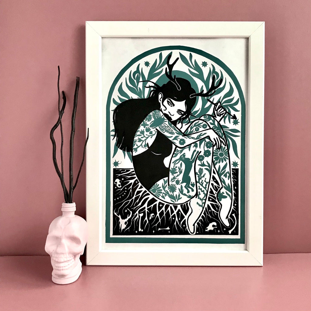 Green Witch A4 Lino Print