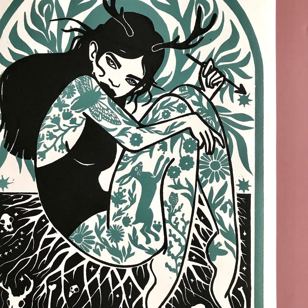 Green Witch A4 Lino Print