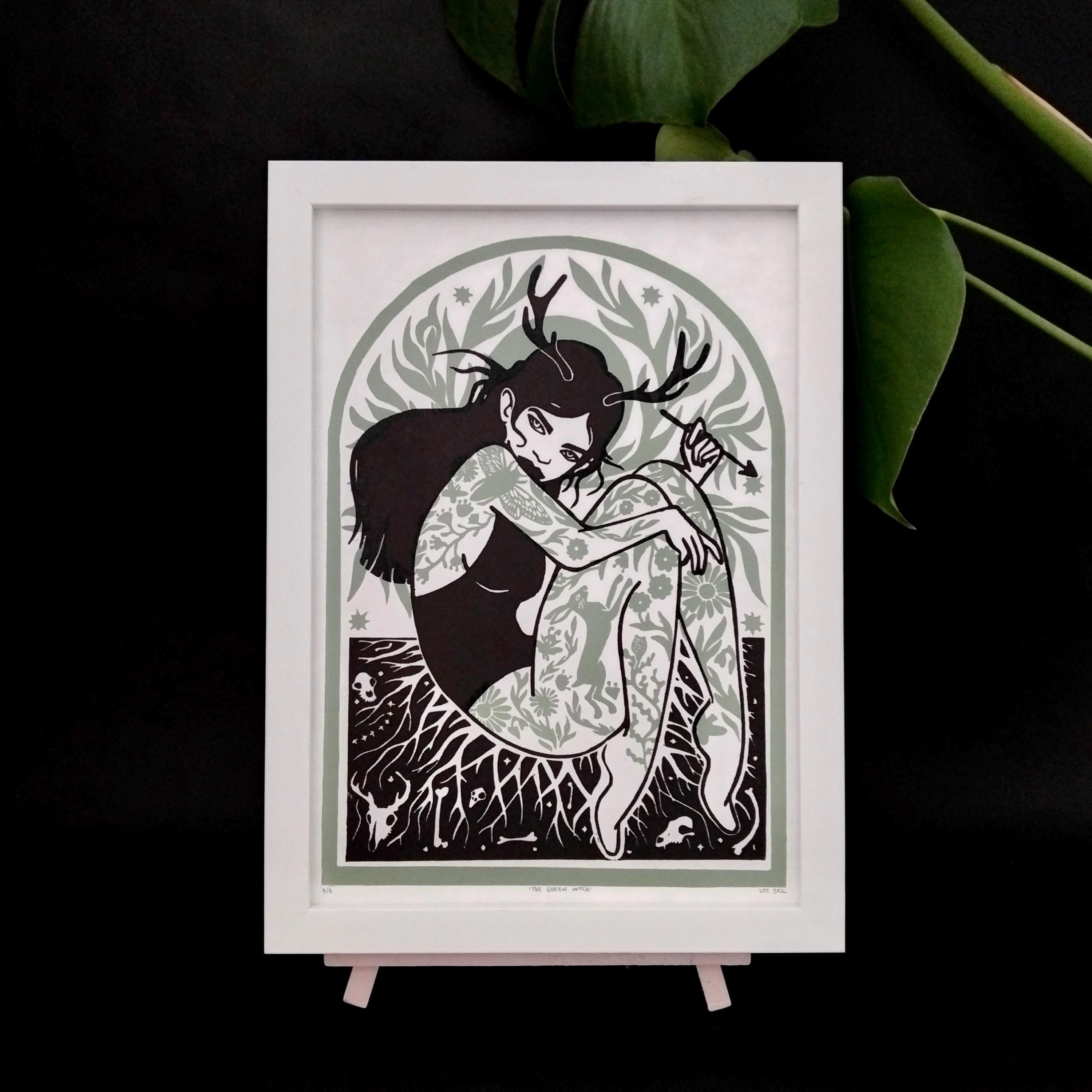 Green Witch A4 Lino Print