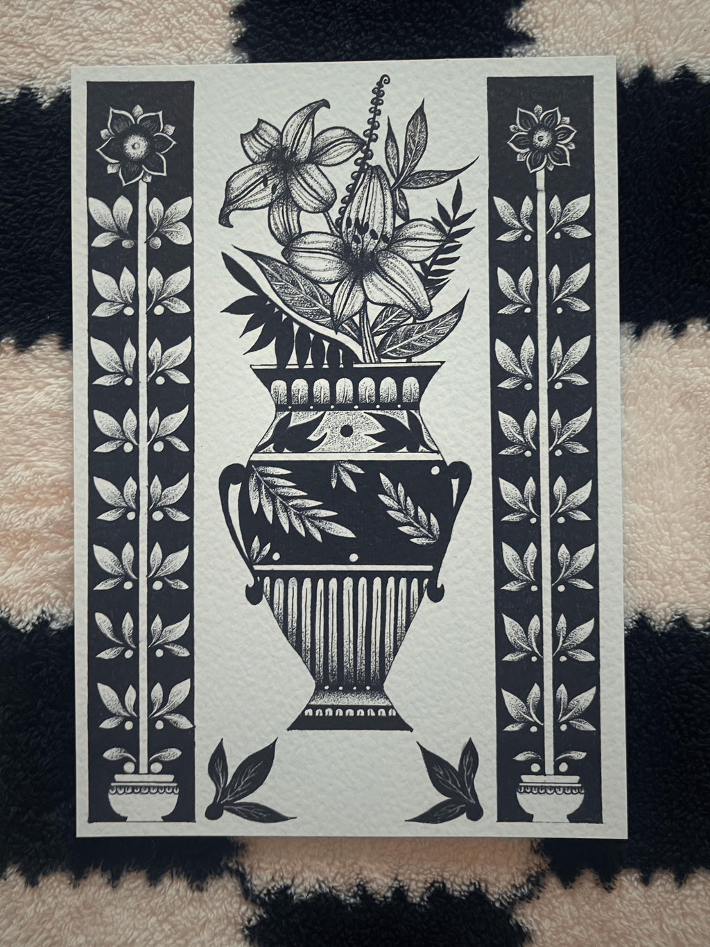 Floral Vase print ornamental illustration, blackwork dotwork A4