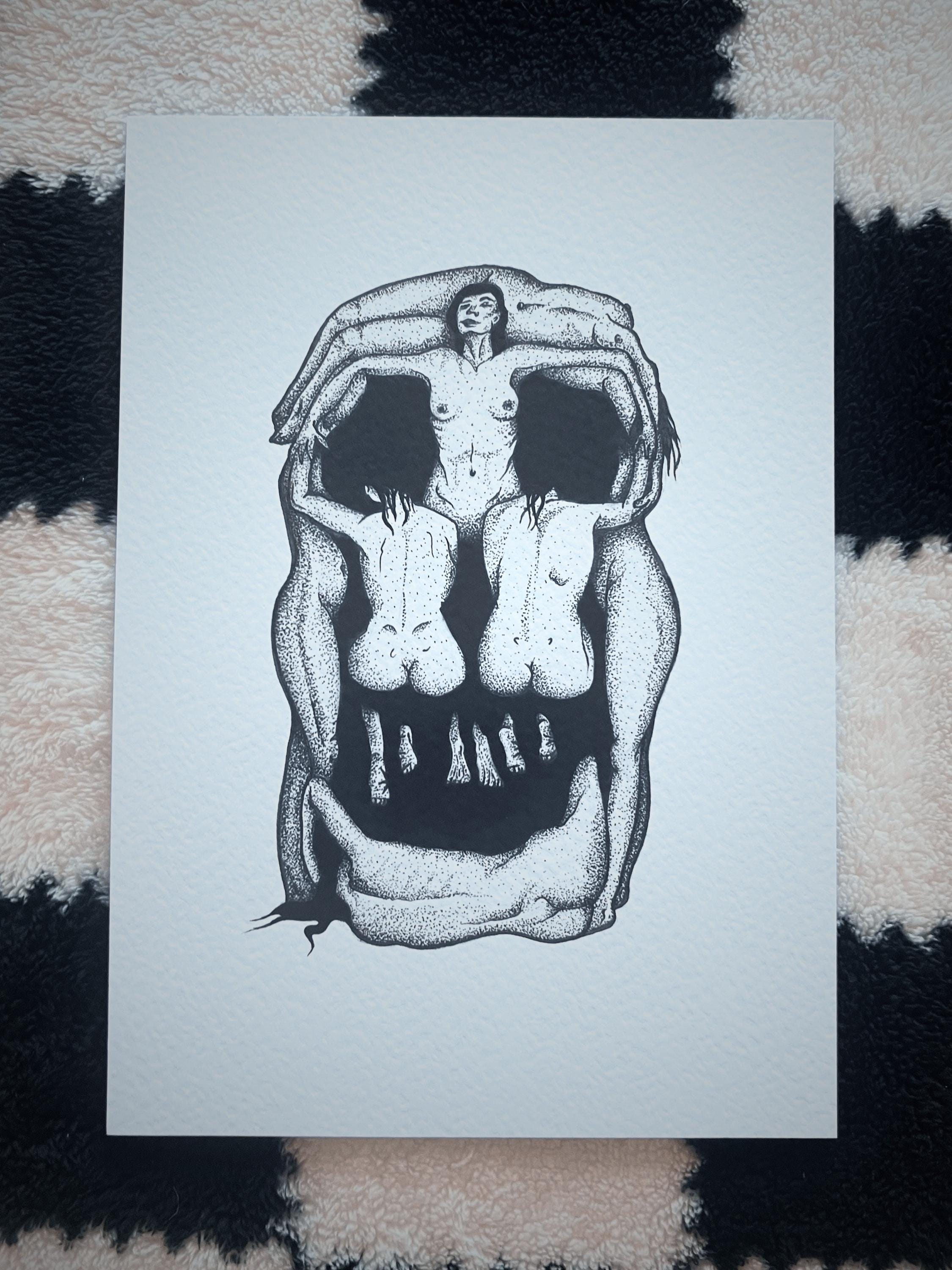 Salvador Dali Art, In Voluptas Mors, A4 black dotwork skull illustration