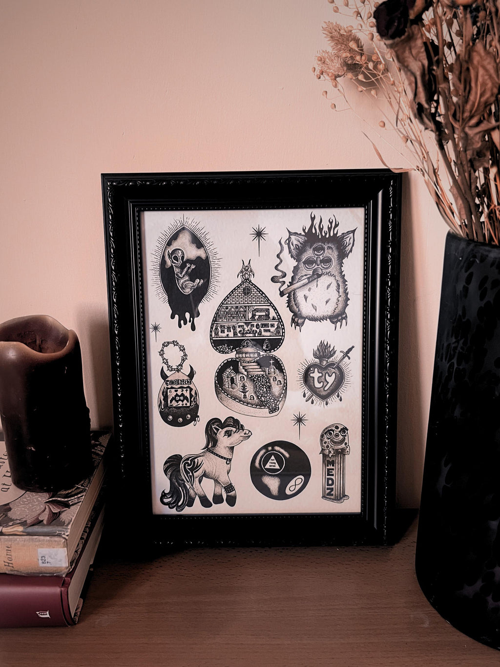 Gothic Art Print Furby, Black Tattoo Flash, A4, Dotwork Illustration