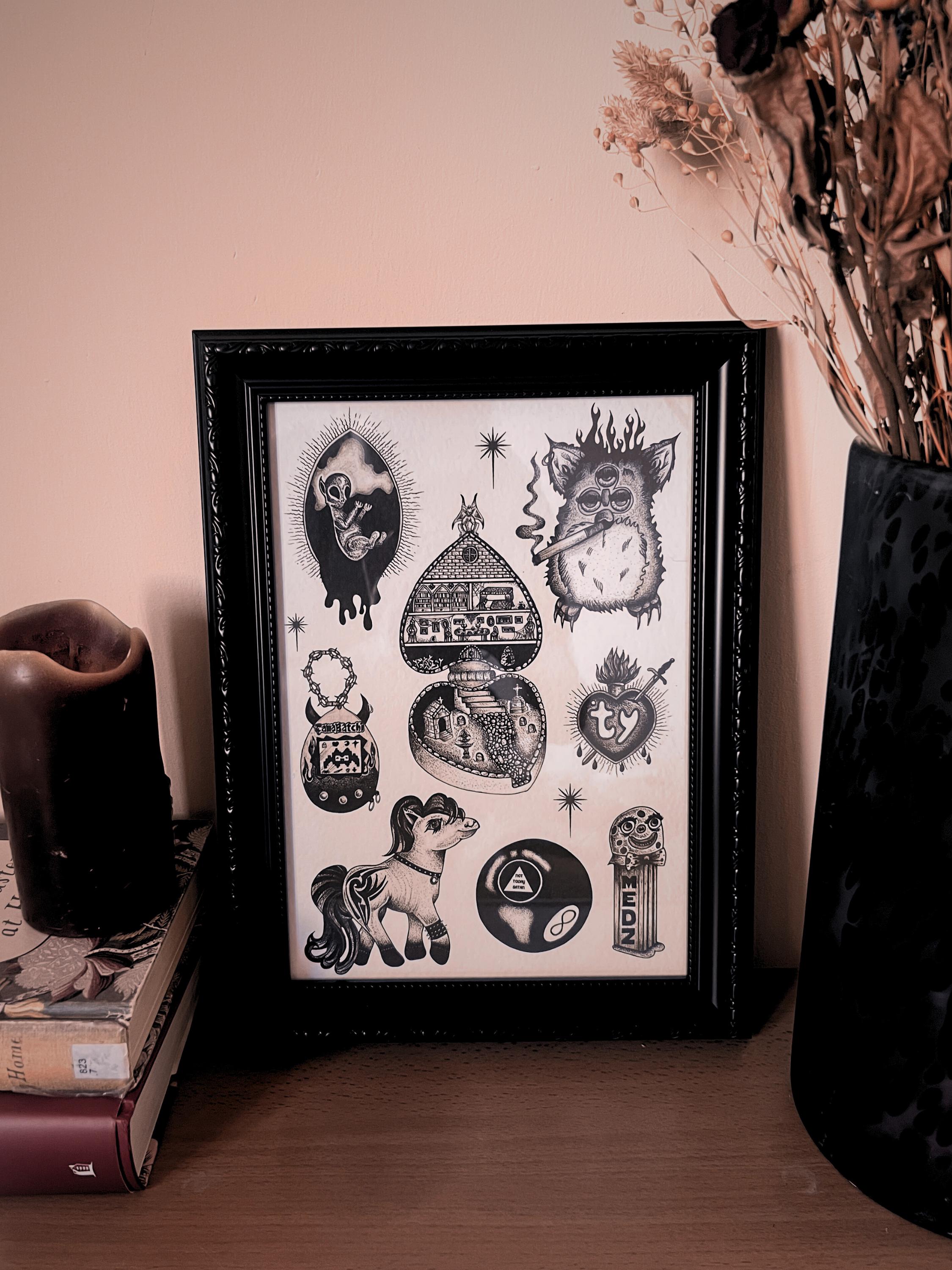 Gothic Art Print Furby, Black Tattoo Flash, A4, Dotwork Illustration