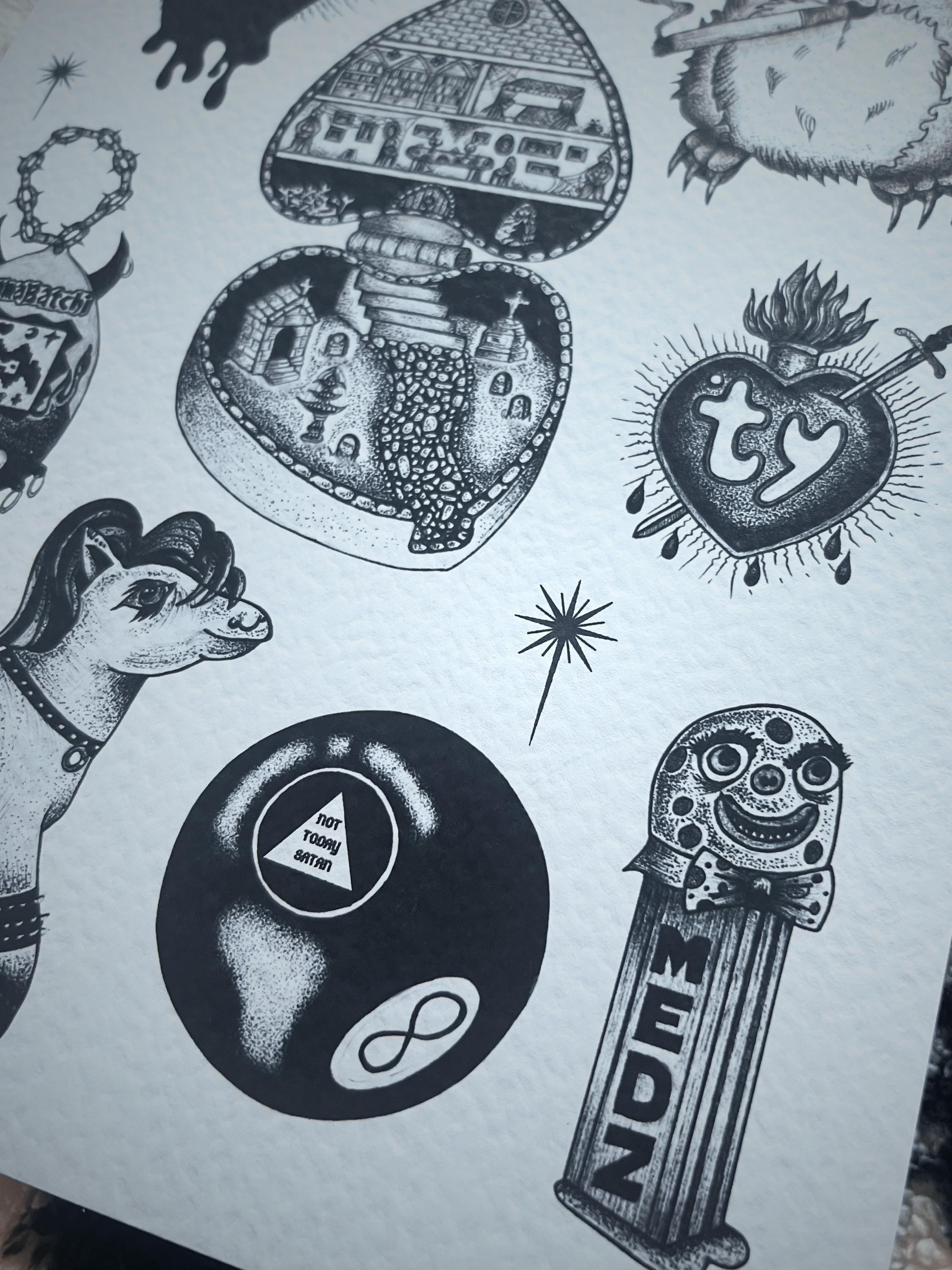 Gothic Art Print Furby, Black Tattoo Flash, A4, Dotwork Illustration