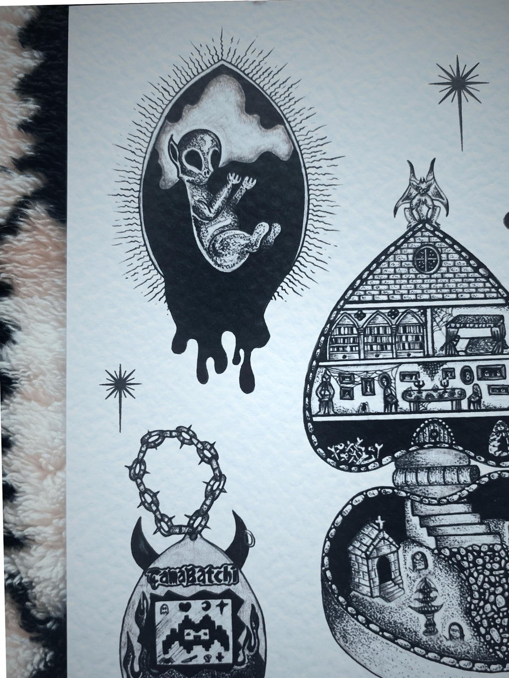 Gothic Art Print Furby, Black Tattoo Flash, A4, Dotwork Illustration